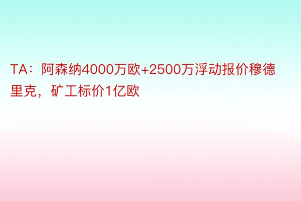 TA：阿森纳4000万欧+2500万浮动报价穆德里克，矿工标价1亿欧